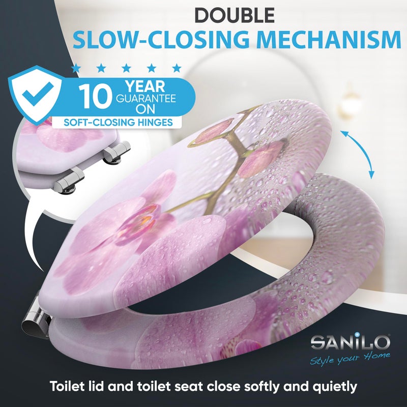 SANILO Wooden Toilet Seat with Soft Close [ROUND] - Decorative, Quiet & Slow Close Molded Wood Seat - With Strong Bumpers & Hinges - Adjustable Fit â€“ Blooming - Image 2